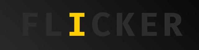 Text Flicker with a solitary yellow I sitting on top of the I in the grey flicker text below on a dark grey gradient background